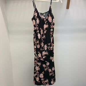 Black Floral Midi Slip Dress with Pink Floral Print